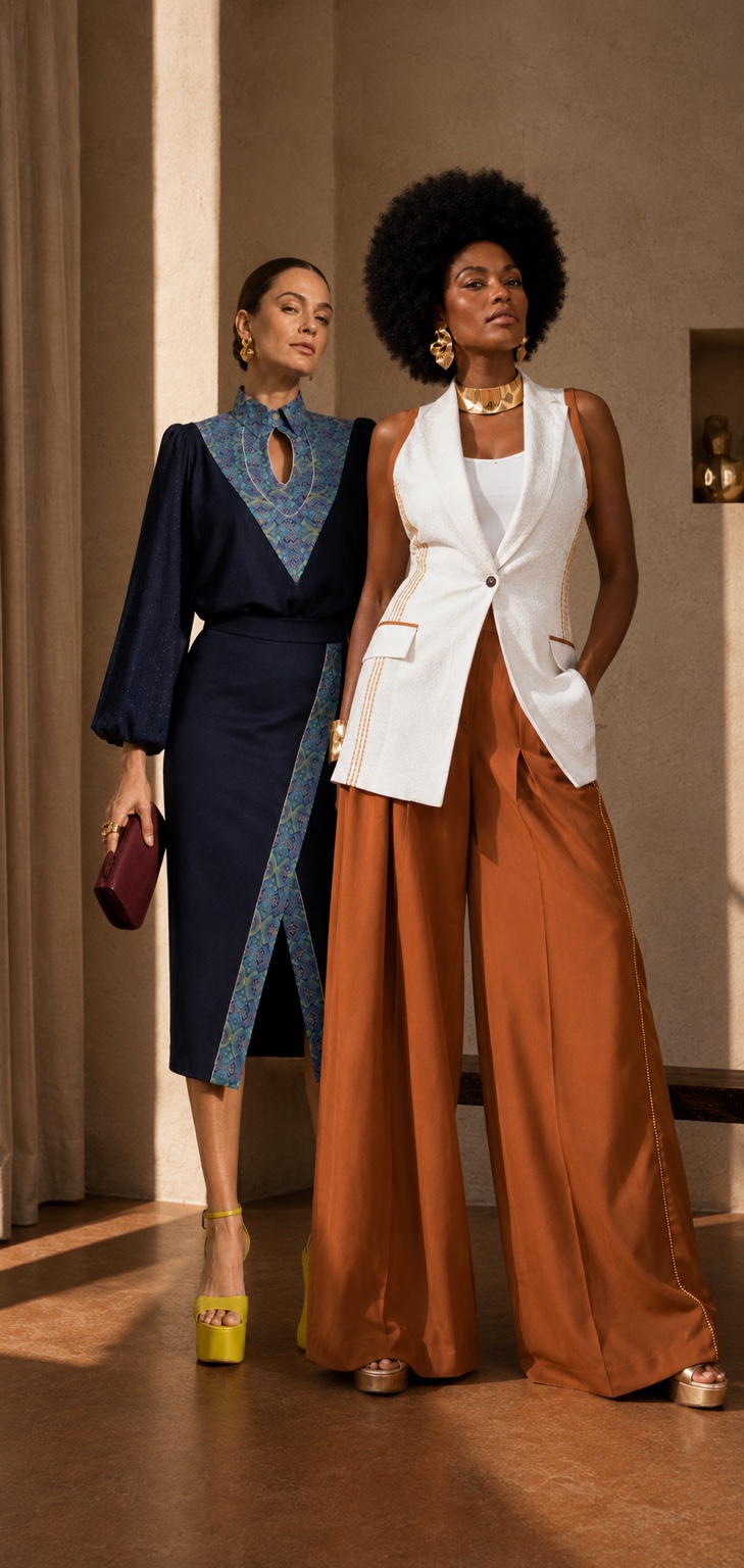 Deux silhouettes Babilove en bleu nuit, ivoire et terracotta