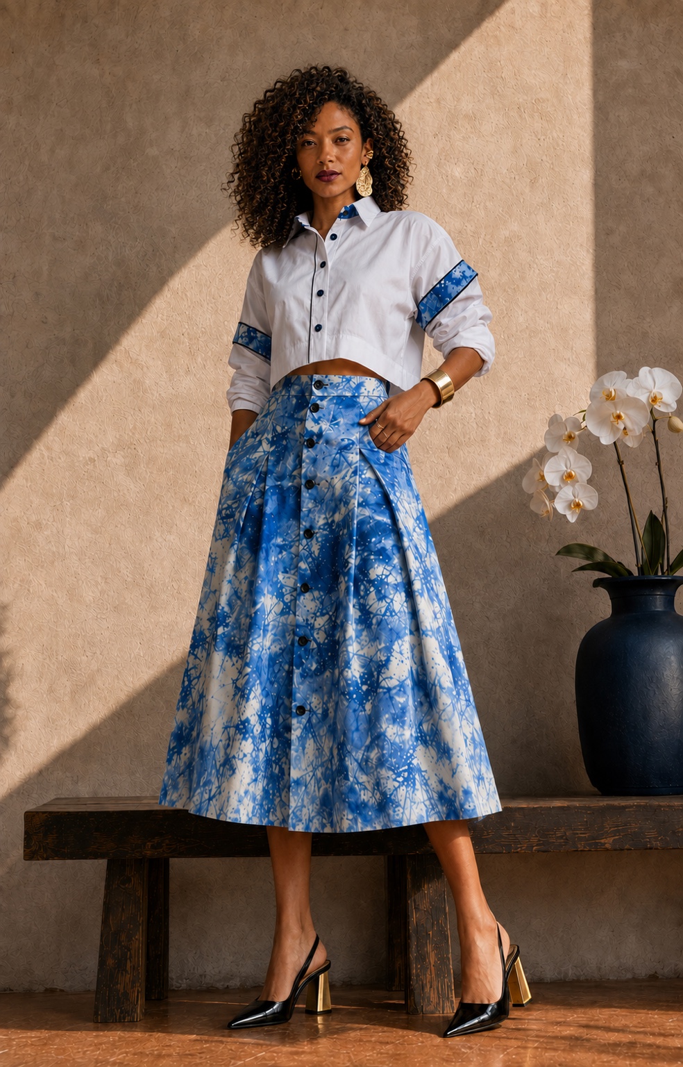 Chemise blanche et jupe évasée indigo de la collection Babilove