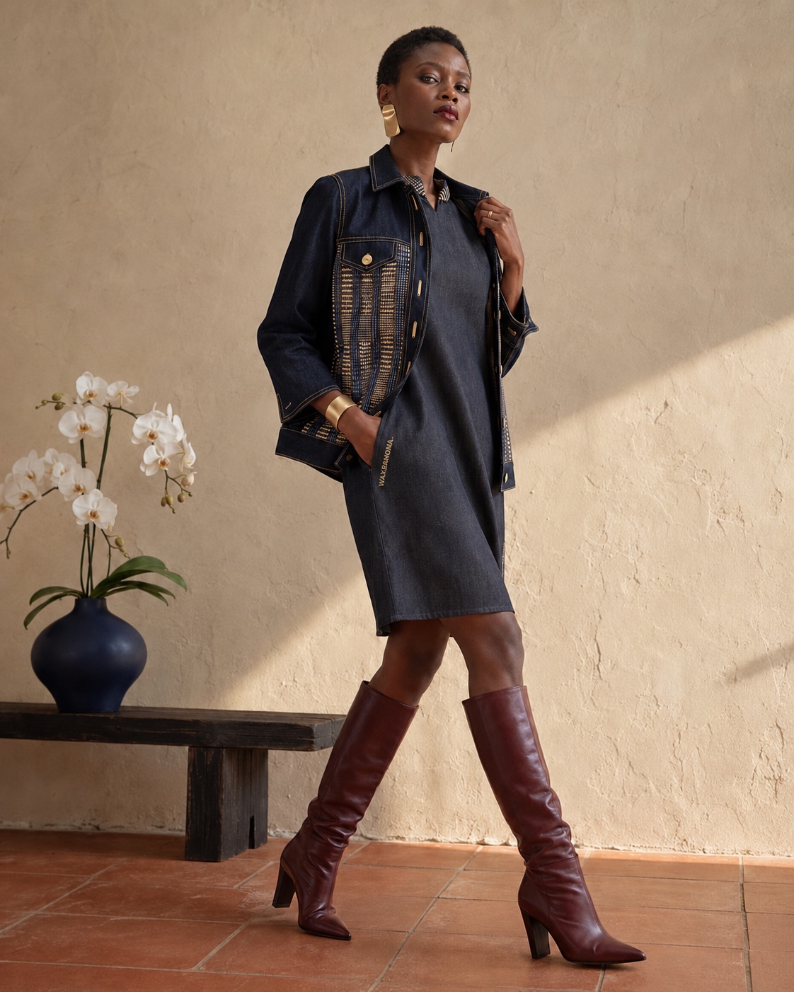 Robe en denim et veste à empiècements de pagne tissé Wax.by.Mona