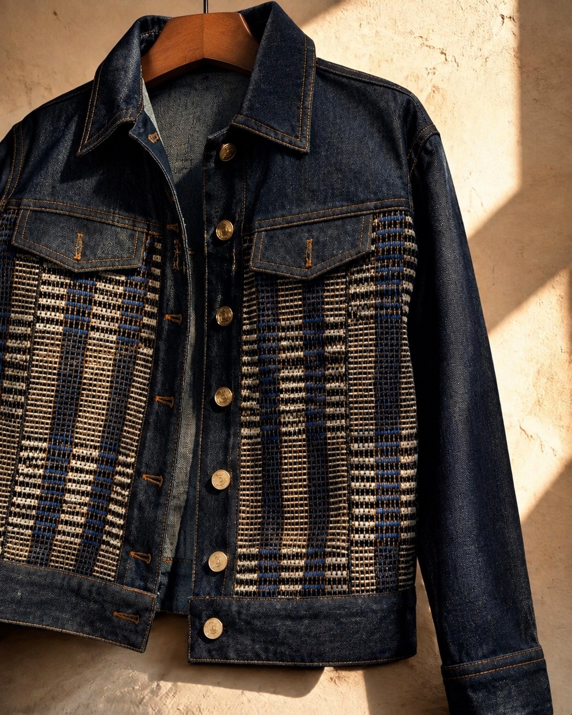 Veste Wax.by.Mona en denim bleu nuit avec empiècements en pagne tissé