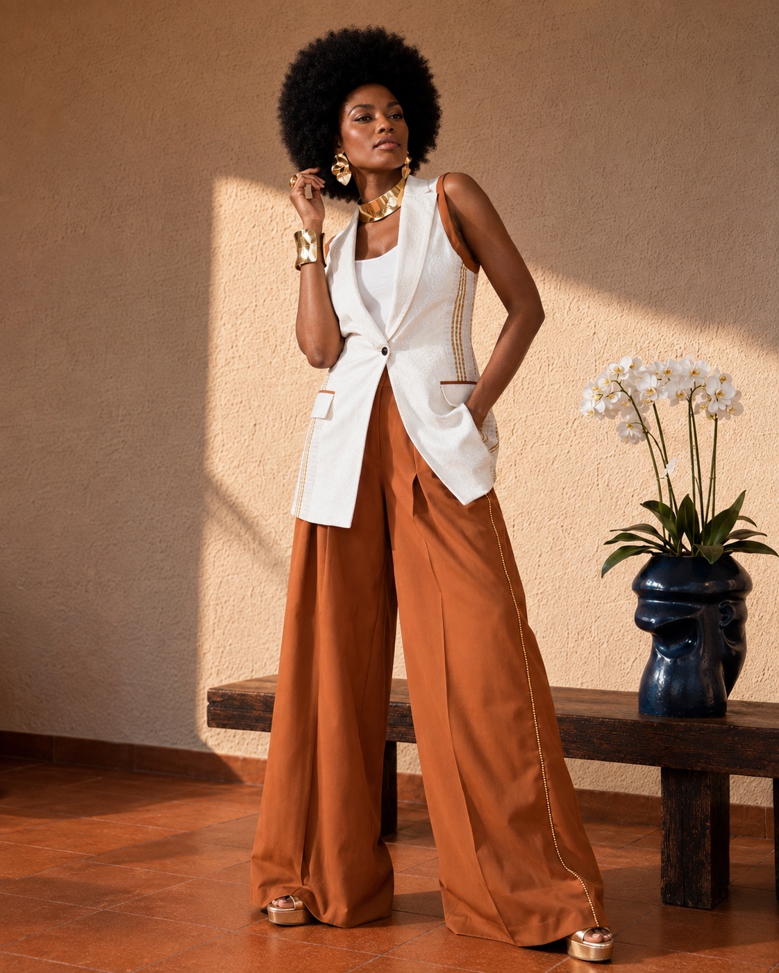 Ensemble Wax.by.Mona composé d’un gilet long en jacquard ivoire et d’un pantalon palazzo terracotta